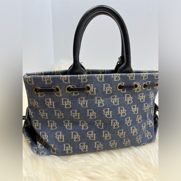 Dooney & Bourke Monogram Denim Crossbody/ Mini Satchel Leather Trim & Tassels - Picture 6 of 17